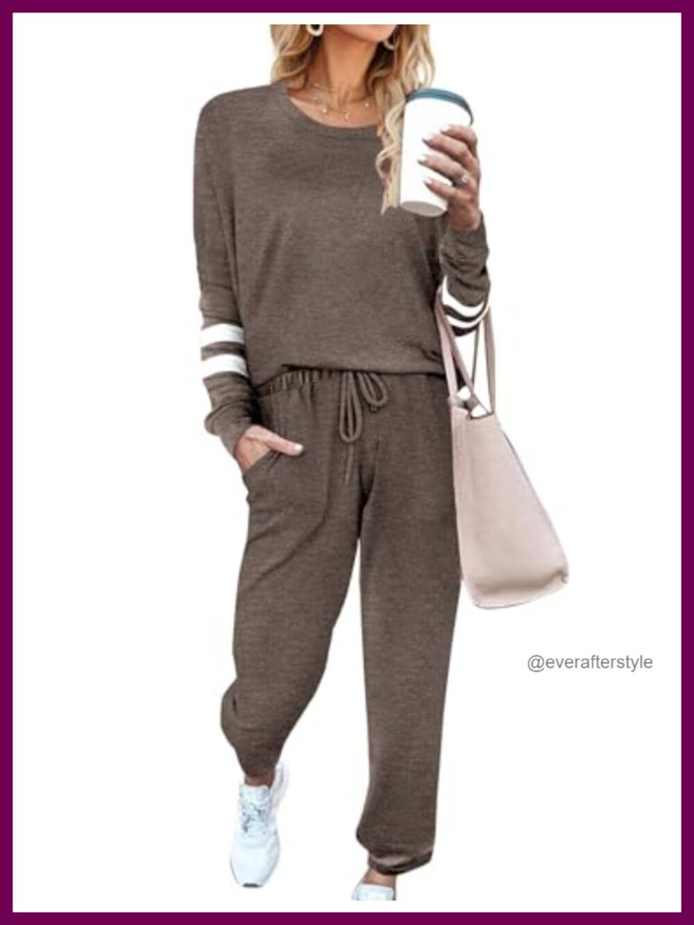 Womens 2 Piece Lounge Set Long Sleeve Top Jogger Pants Pockets Soft